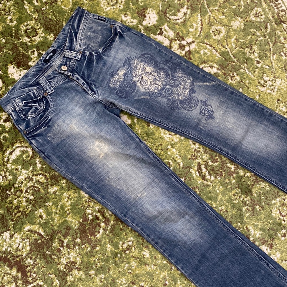 Versace Women's Straight Leg Jeans in Distressed Blue with Floral Print